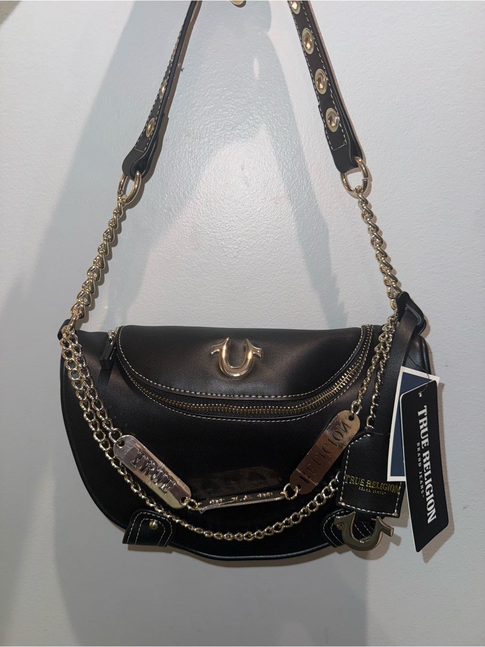 True Religion Black Leather Shoulder Bag with Gold-Tone Chain Accents